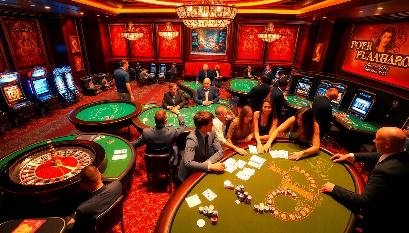 Une scène dynamique de joueurs s'engageant à une table de casino, mettant en avant l'excitation et le luxe du casino en ligne français.