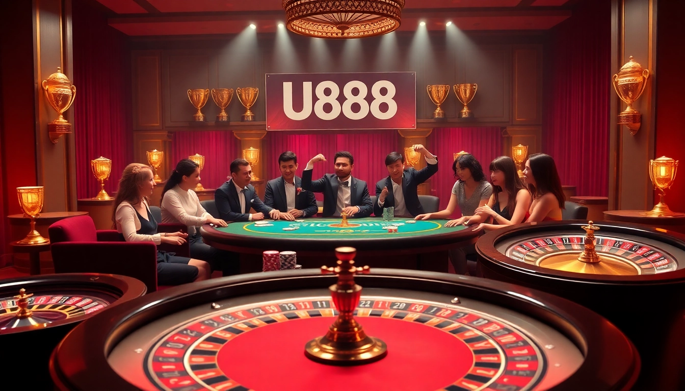 Players enjoying high-stakes poker at U888 U88 casino, surrounded by excitement and luxury.