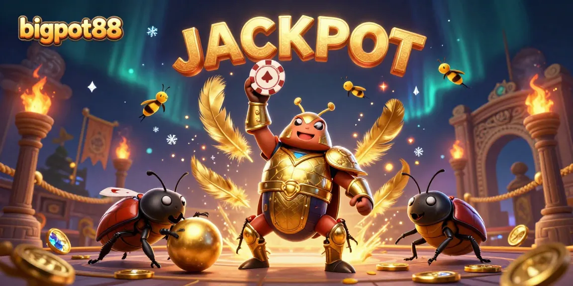 Engaging bigpot88 casino scene featuring a victorious beetle in gladiator armor lifting a poker chip surrounded by gaming elements.