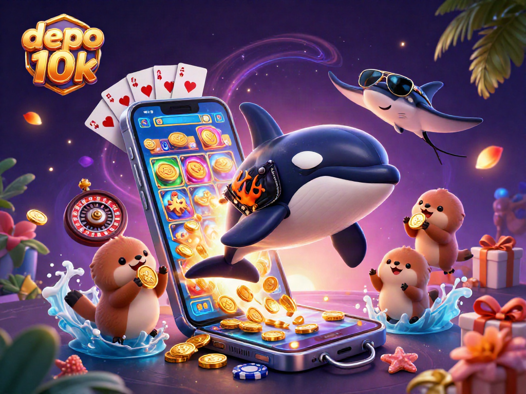 Engaging scene with depo 10k showcasing an orca, stingray, and otters in a vibrant casino setup.