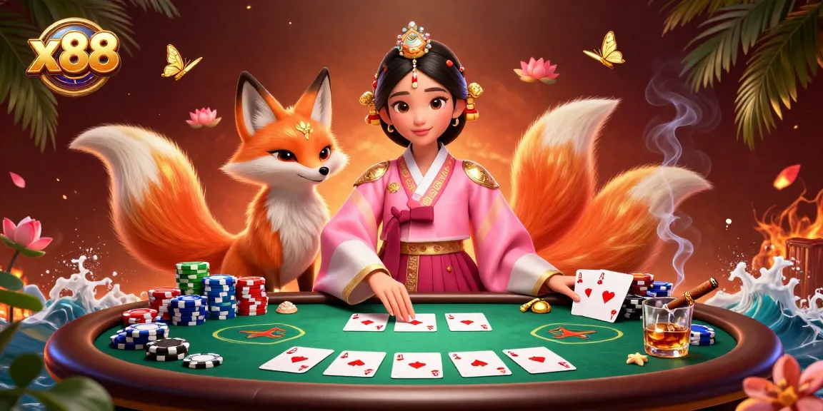 Engage in thrilling poker at x88's vibrant online casino with unique Asian-inspired characters.