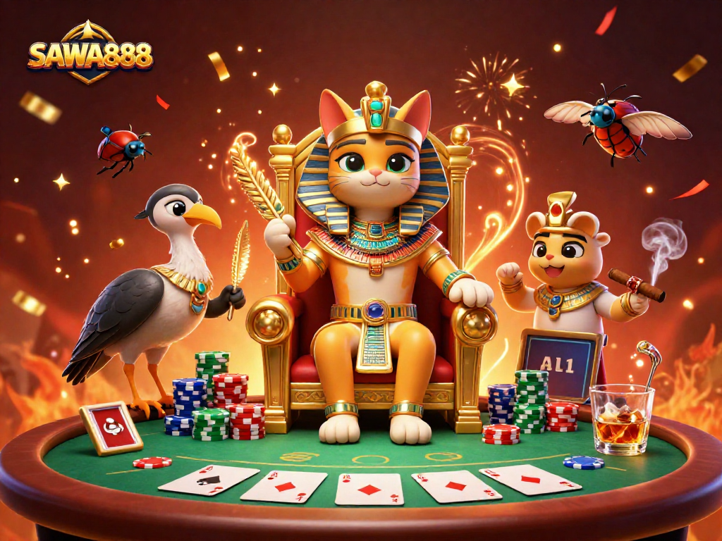 Experience the excitement of SAWA888 with vibrant casino elements and characters in action.