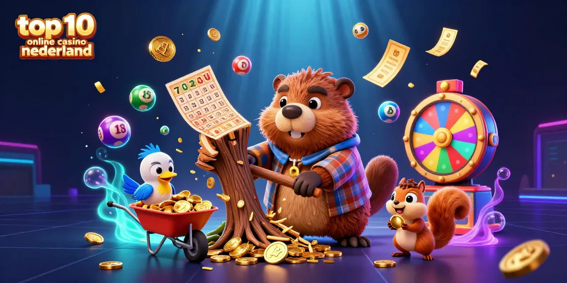 Engaging scene depicting the top 10 online casino nederland characters amidst coins and gaming elements in a colorful, dynamic illustration.