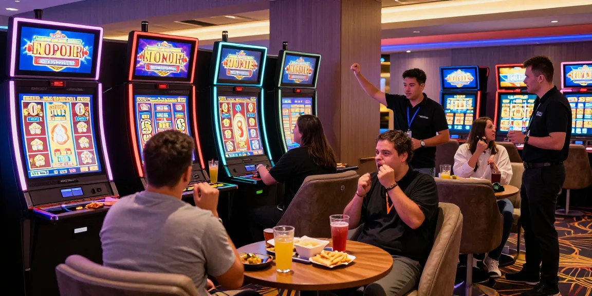 Players at a bustling casino lounge excited about bonus buy slots at https://aboutderbyshire.co.uk, vibrant and engaging atmosphere.