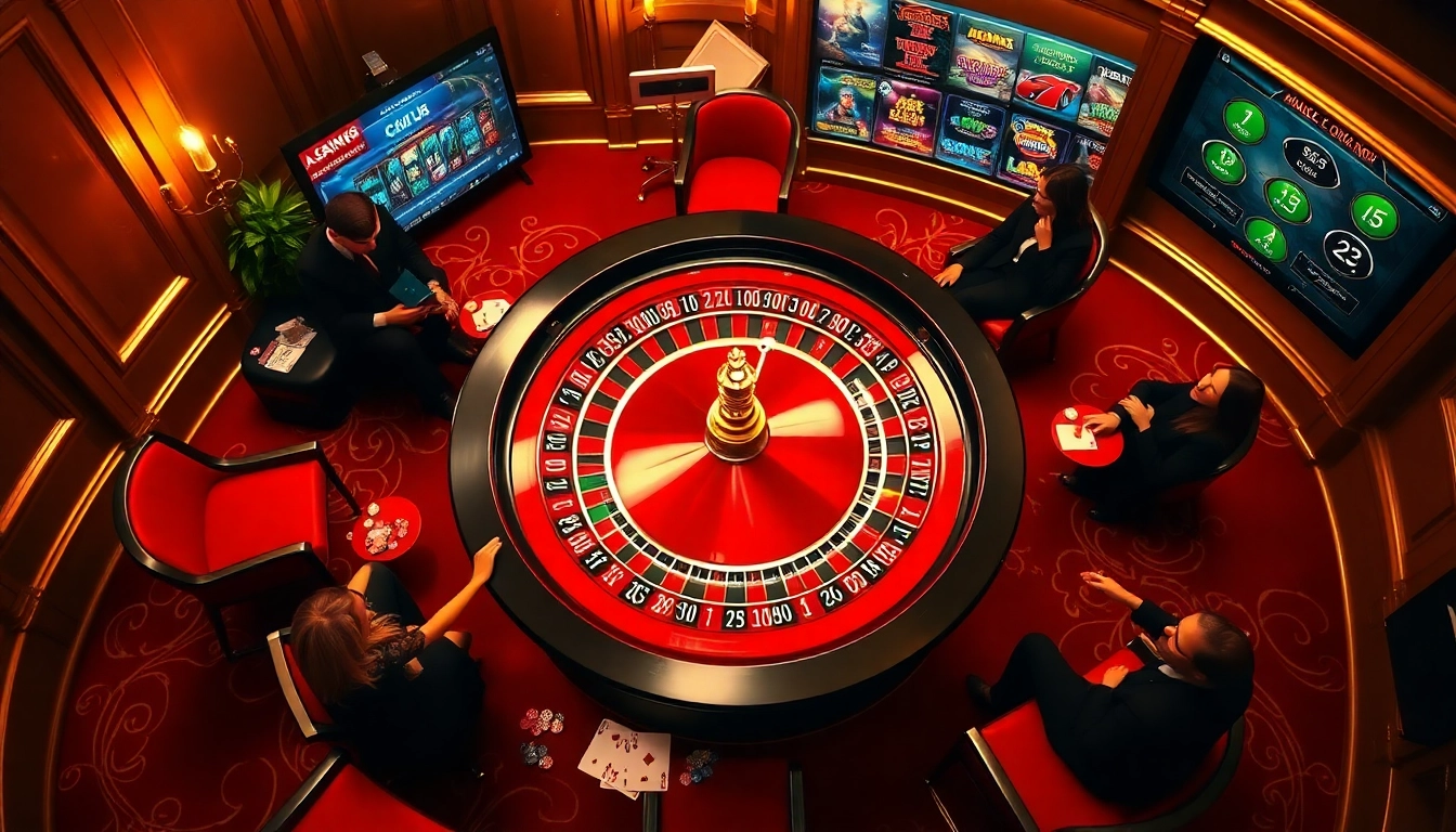 Scène engageante de joueurs à une table de roulette dans un casino en ligne argent réel France, mettant en avant le luxe et l'excitation.