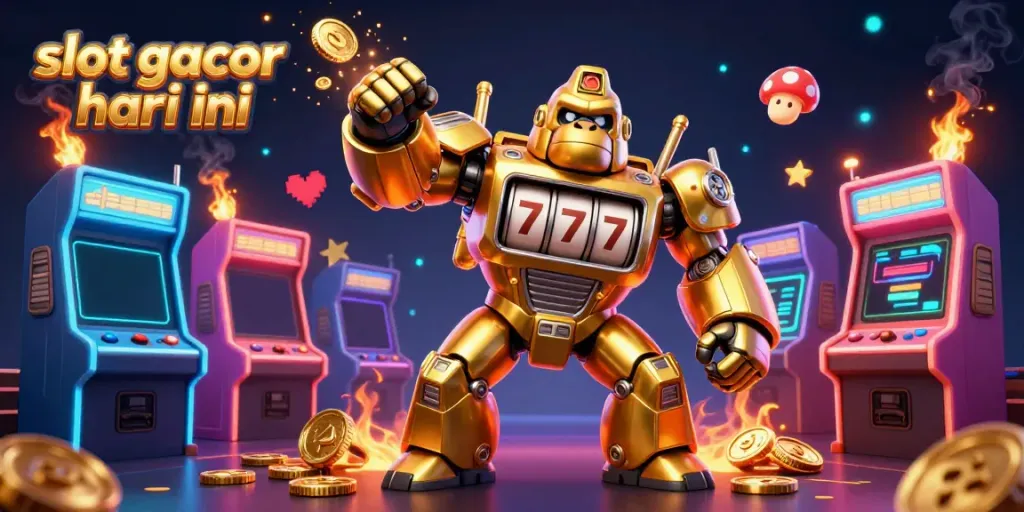 Menangkan slot gacor hari ini dengan ilustrasi mesin slot berwarna-warni dan karakter unik yang beraksi.