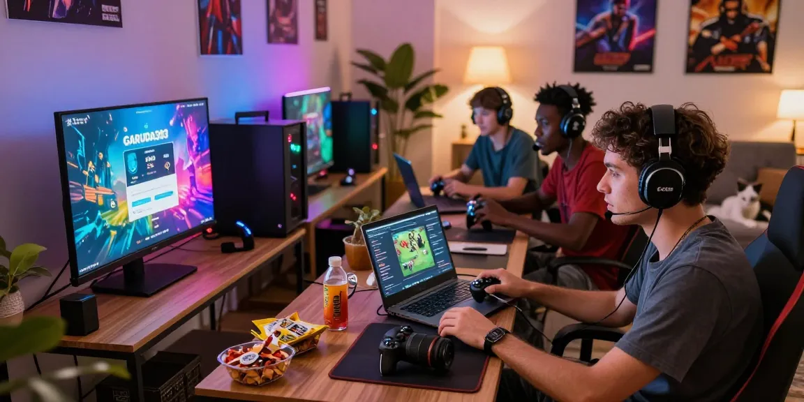 Garuda303 login interface in a vibrant gaming session with friends, showcasing a fun atmosphere.
