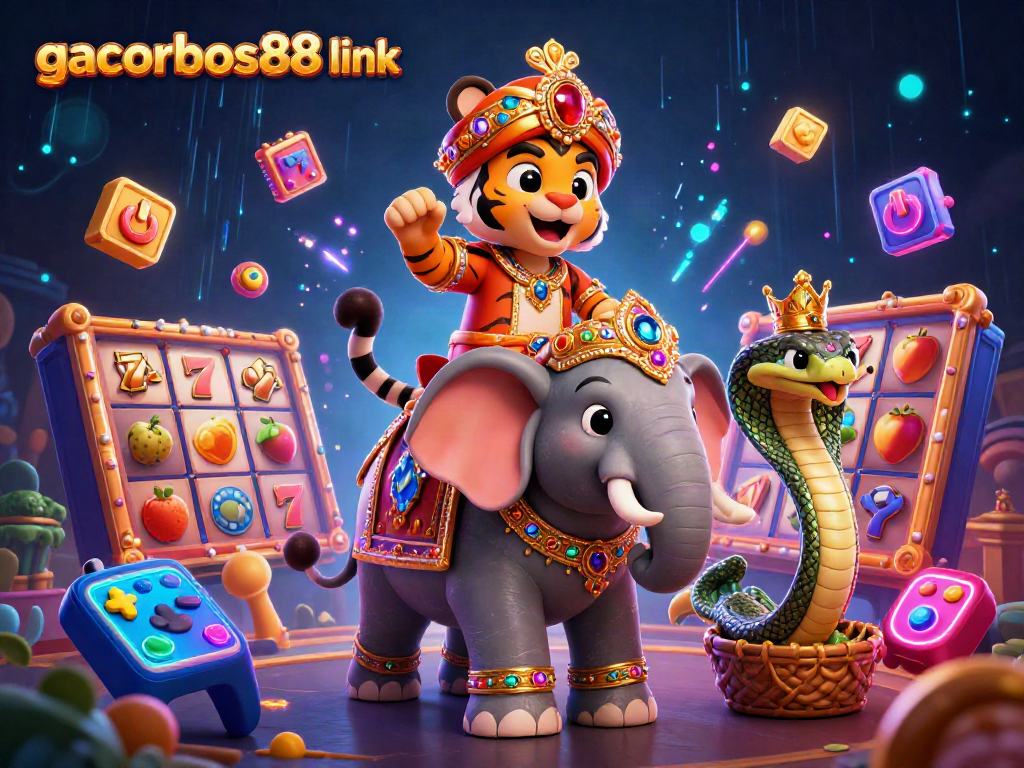 Win big with gacorbos88 link in this vibrant casino illustration showcasing characters and game elements!