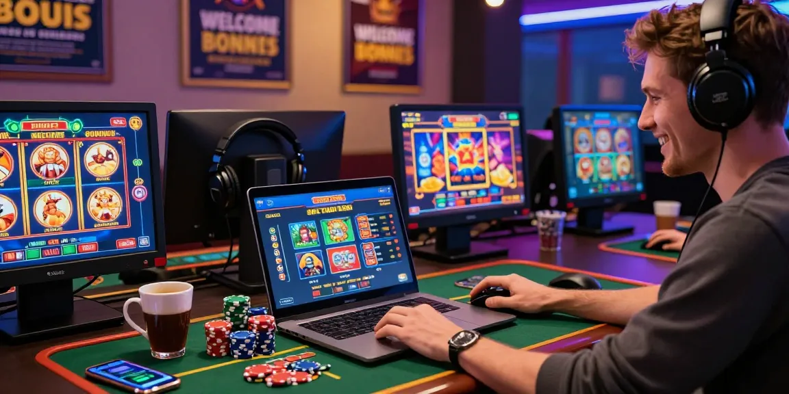Engaging scene of a player enjoying credit card casinos UK on a laptop, surrounded by gaming accessories and vibrant promotions.