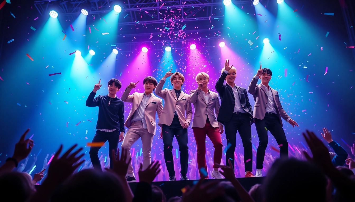 BTS members performing energetically with vibrant lights and confetti.