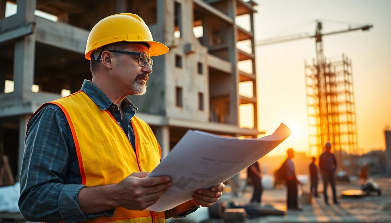 New York General Contractor overseeing construction site with blueprints, bright lighting, focused atmosphere.
