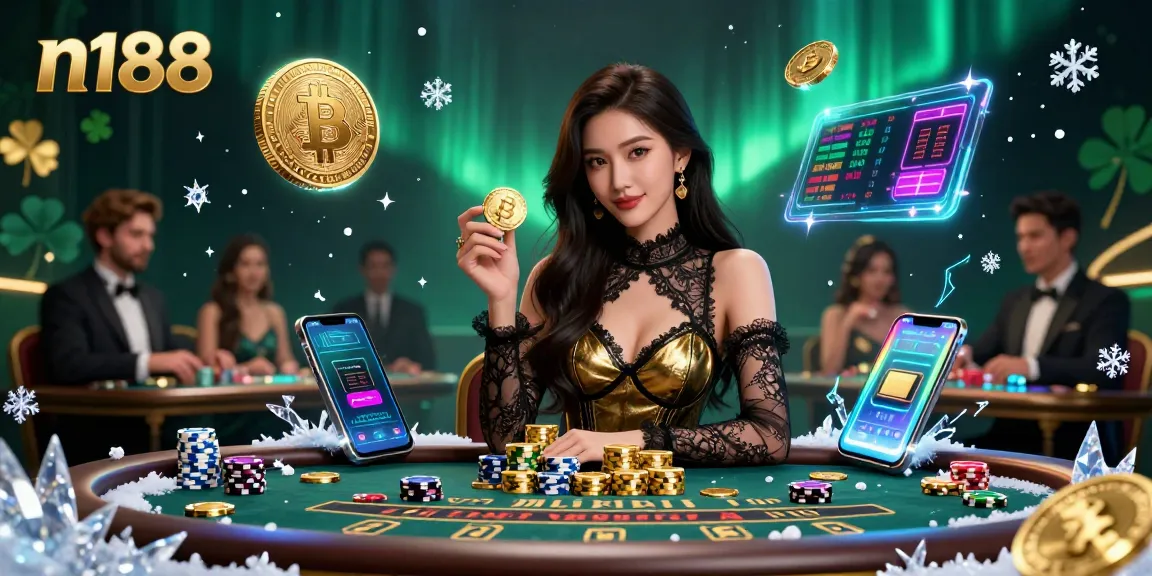 Experience the excitement of n188 with a glamorous baccarat scene and digital crypto elements.