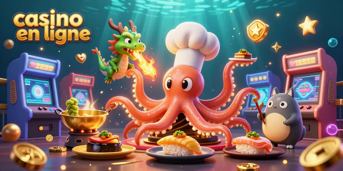 Jeu de casino en ligne illustré avec un chef sushi octopus et un dragon, ambiance dynamique.