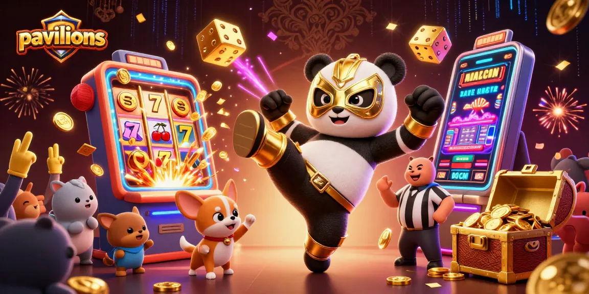 Pavilions showcases vibrant casino action with a panda wrestler and lively animal crowd.