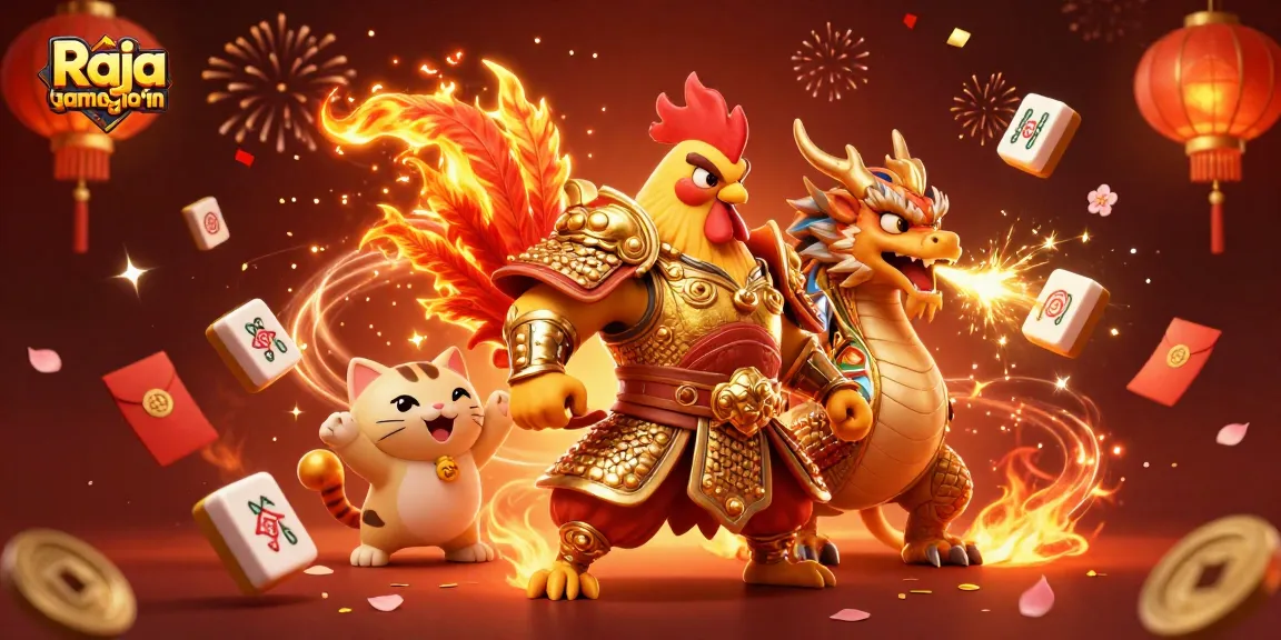 Gain access through Raja game login with a warrior rooster amidst festive casino elements.
