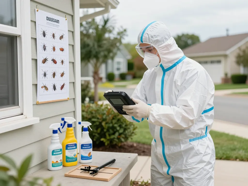 Pest control expert inspecting a home with pest control tools and techniques.