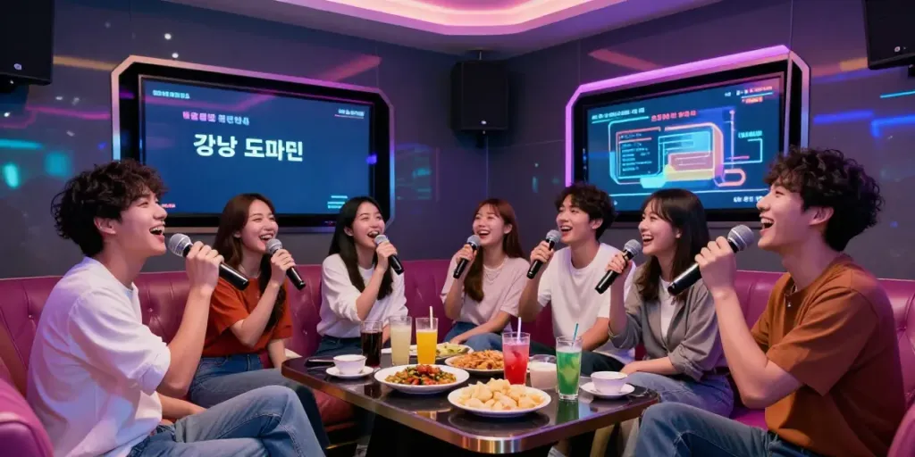 강남 도파민에서 친구들과 즐거운 시간을 보내는 카라오케 룸의 활기찬 모습.