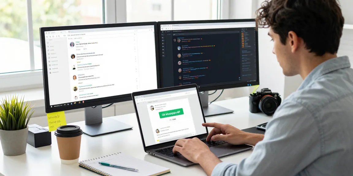 Engaging workspace scene with a user exploring gb whatsapp apk on laptop surrounded by tech gadgets and vibrant notes.