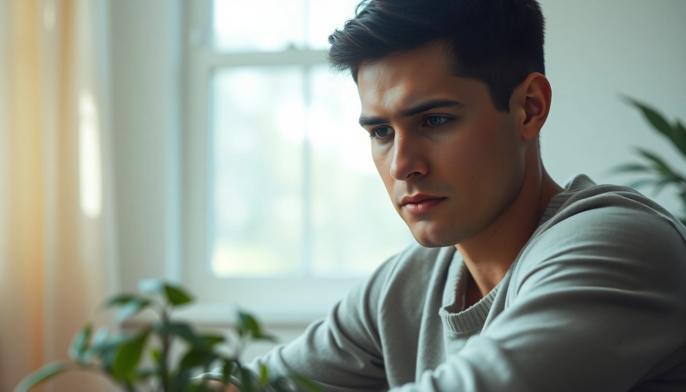 Understanding depression symptoms through a reflective individual in a calming environment.