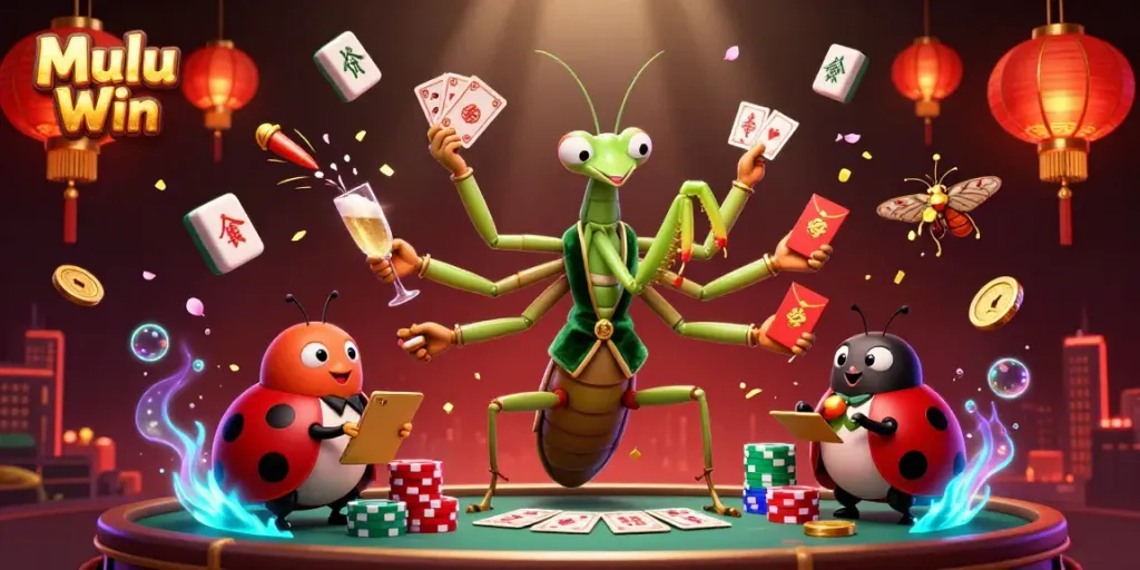 Mulu Win's vibrant casino scene featuring giant mantis dealer and ladybug pit boss amidst festive elements