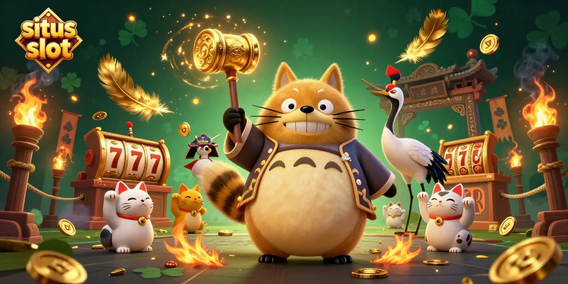 Spin the reels with situs slot in this vibrant illustration featuring a lucky tanuki, crane, and fortune cats.