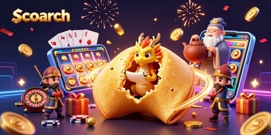 Engage with scoarch for thrilling action at a vibrant online casino scene with fortune cookies and playful characters.