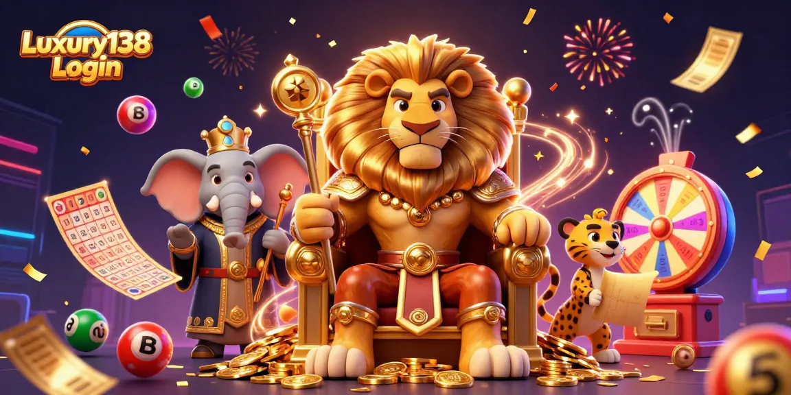 Engage with Luxury138 Login, featuring vibrant gambling elements like lottery balls and prize wheels.