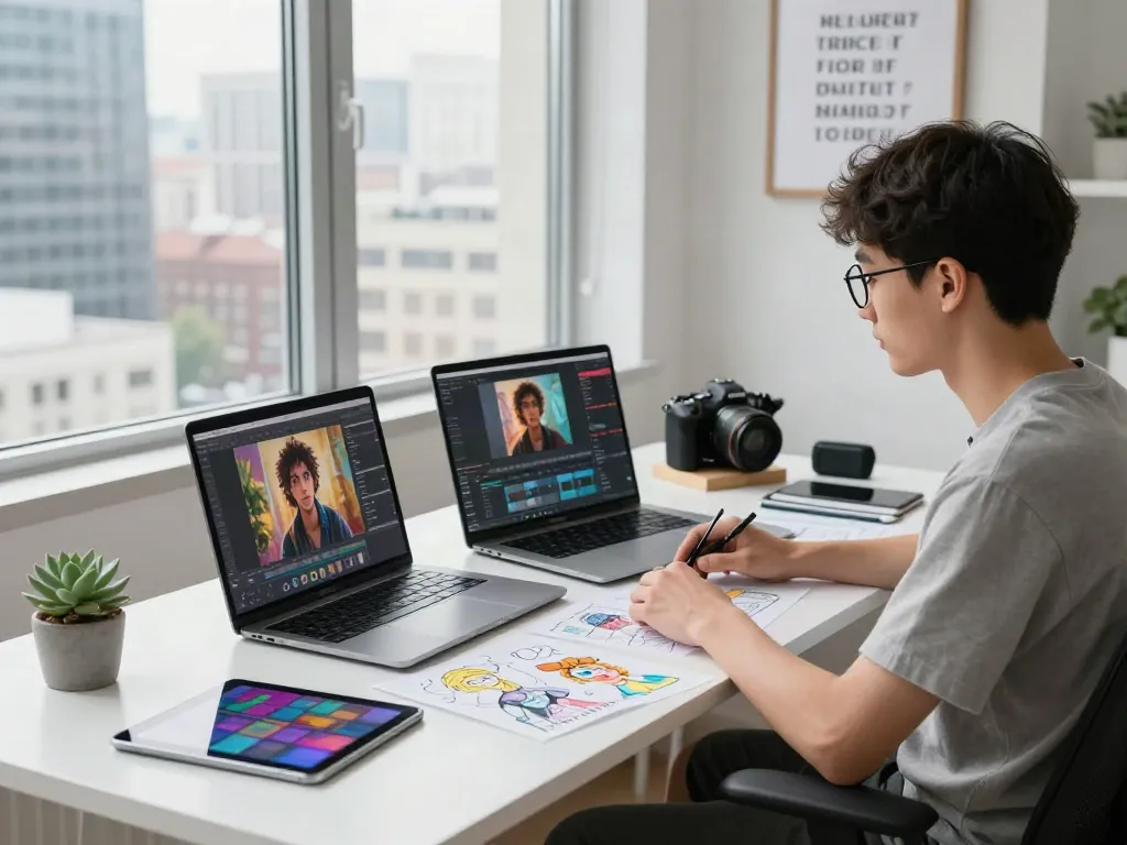 AI photography workspace featuring designer at desk with laptops and colorful sketches, inspired by typeshutter.com.