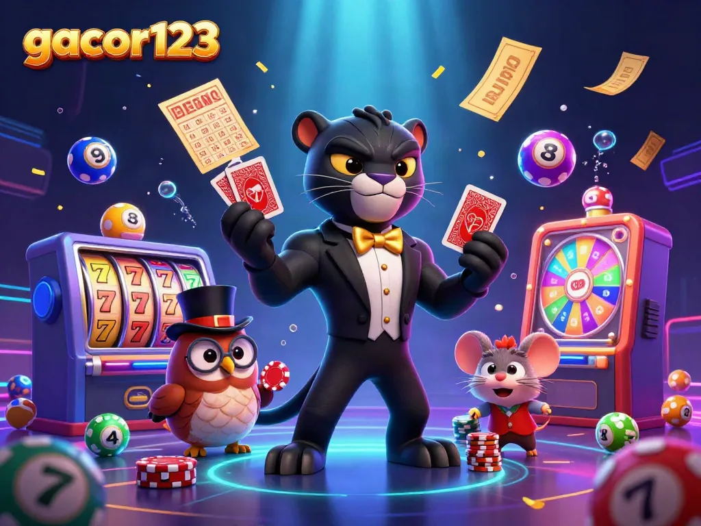 Experience the thrill of gacor123 with a vibrant 3D casino scene featuring a stylish black panther and friends.
