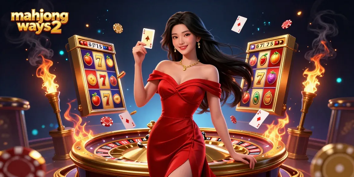 Experience thrills in mahjong ways 2 with a glamorous Asian woman holding a playing card beside a roulette wheel.