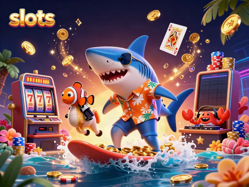 Play exciting slots with creative cartoon characters surfing on gold, showcasing vibrant casino elements.