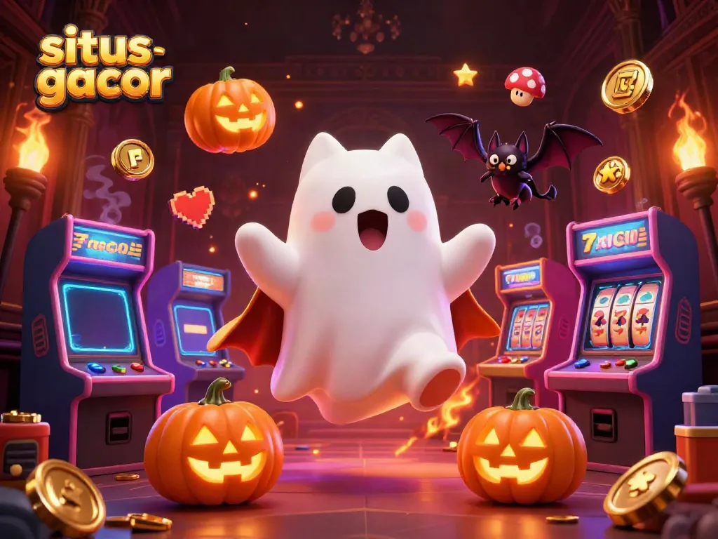Gambarkan suasana permainan situs slot gacor di kasino hantu dengan karakter unik.