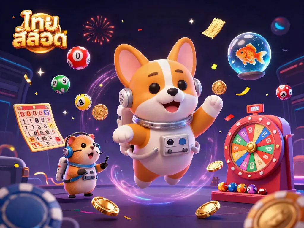 Celebrate wins with ไทย สล็อต as colorful lottery balls bounce in a dynamic casino scene featuring cute characters.