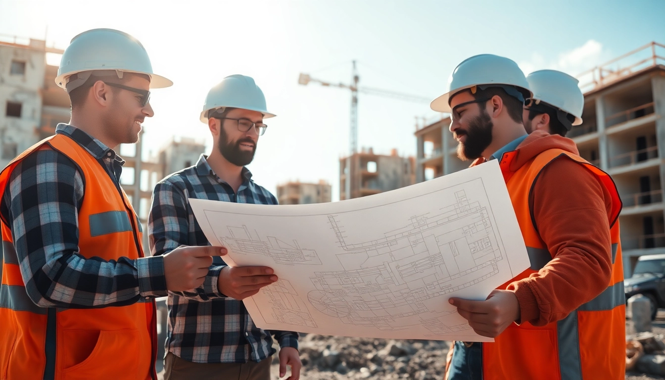 A bustling real estate construction company scene illustrating collaboration on blueprints.