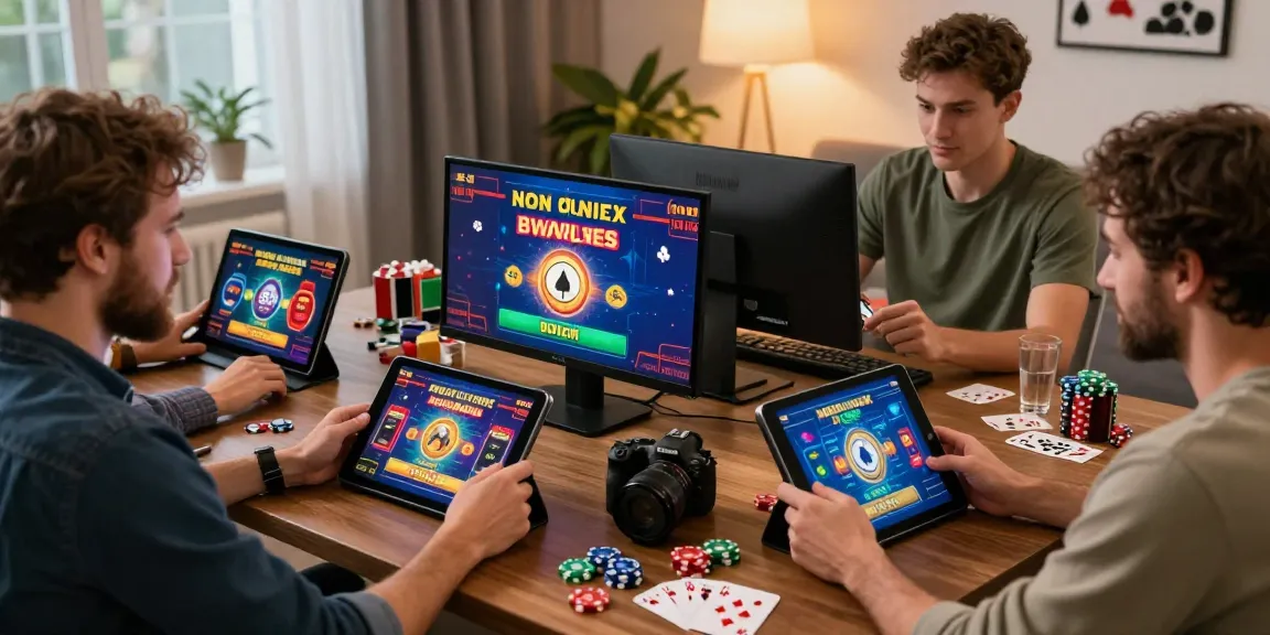 Excited players enjoying non UK online casinos on tablets and smartphones in a cozy home setting, showcasing diverse gaming experiences.