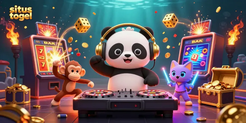Join the festive fun at situs togel with this vibrant 3D illustration featuring a DJ panda, breakdancing monkey, and glowing kitten.