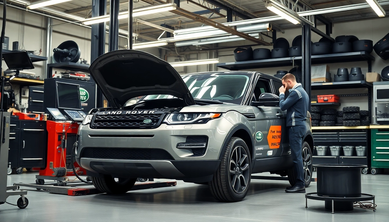 Land Rover Service being conducted by a skilled mechanic in a modern garage.