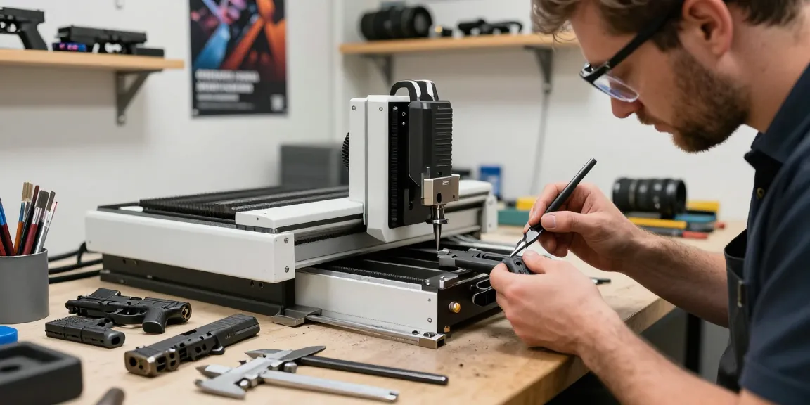 Skilled gunsmith at https://precisionglockslides.com crafting Glock slides with precision tools in a bright workshop.