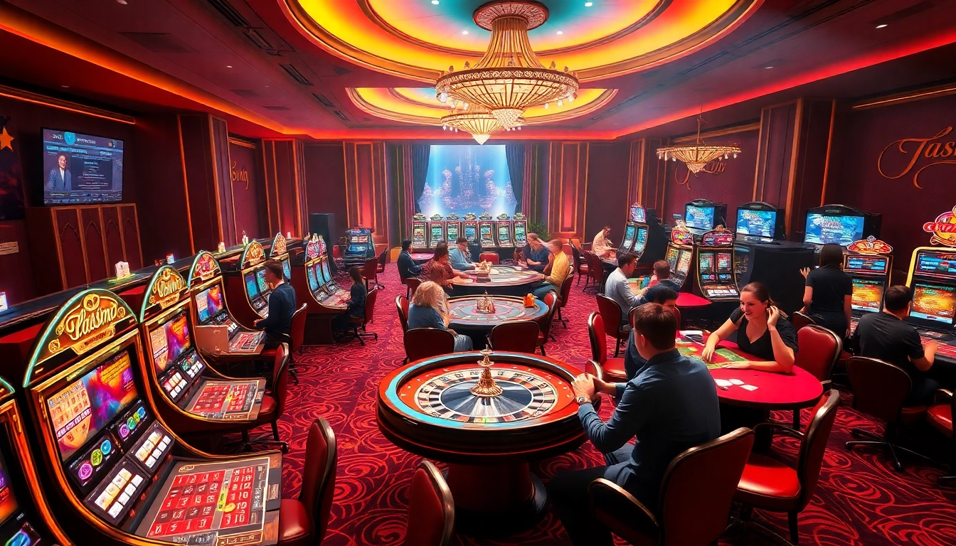 Scène palpitante de casino en ligne Français 2026 présentant des tables luxueuses et des joueurs vibrants.