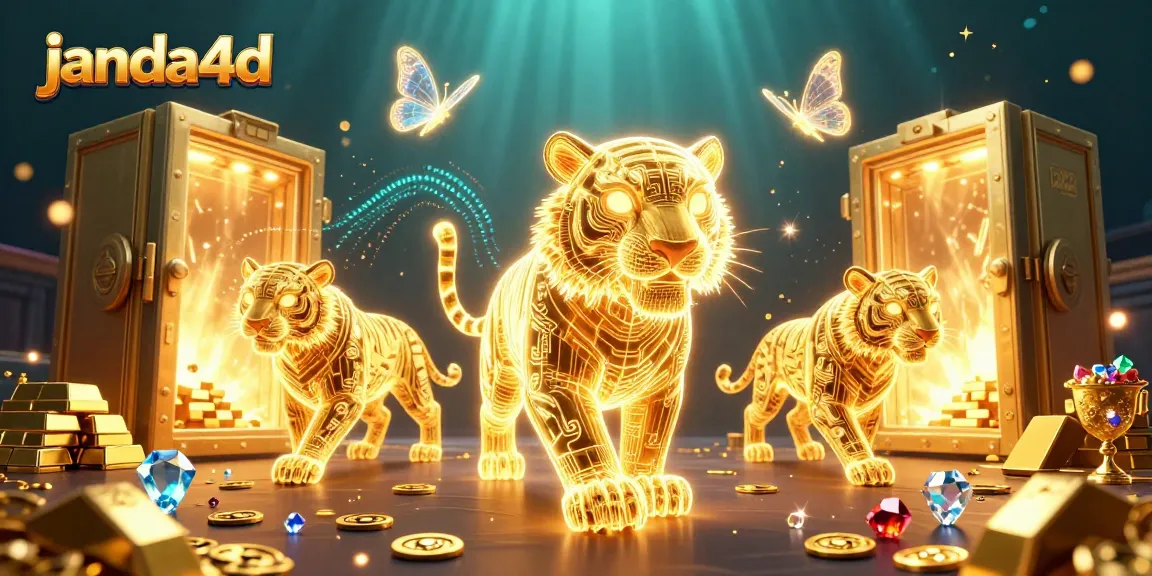 Janda4d menawarkan pengalaman menarik tentang taruhan olahraga dengan hologram harimau dan elemen jackpot berkilauan.