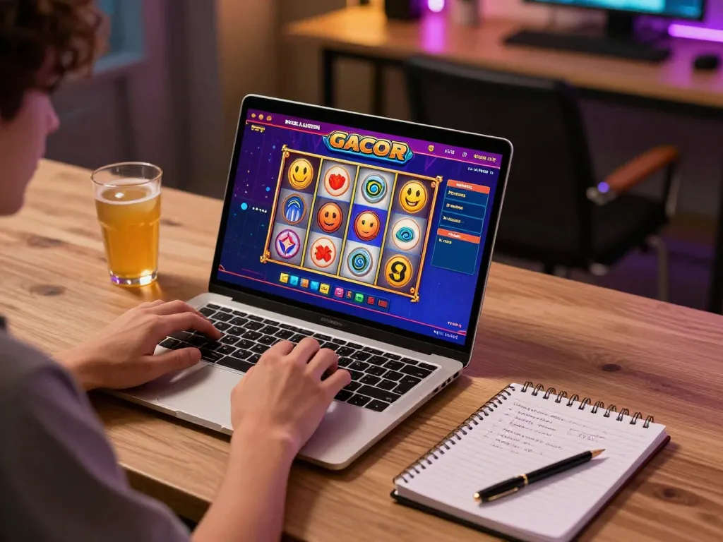 Engaging scene of online gambling with slot gacor situs luar negeri gameplay on a laptop.