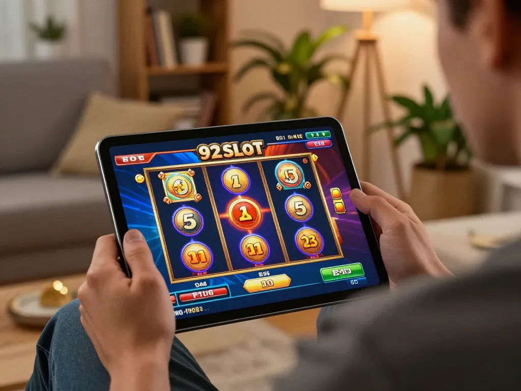 Engaging with the 92slot gaming interface on a tablet in a cozy home setting.