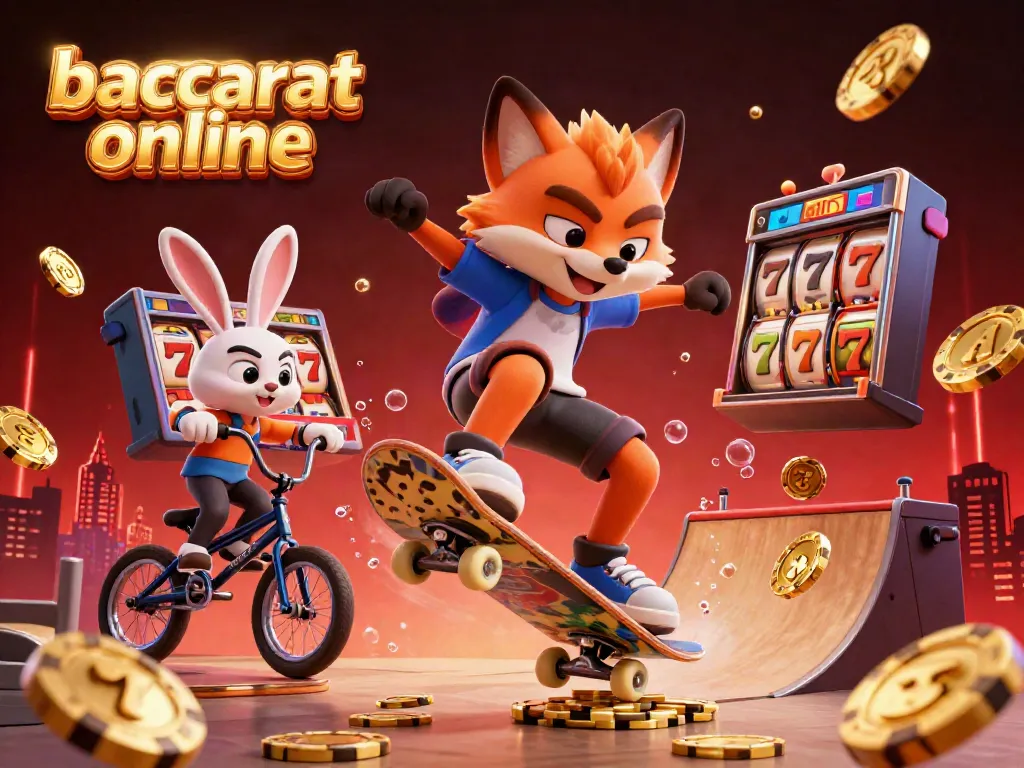 Baccarat online scene with a 3D cartoon fox skateboarding over poker chips featuring vibrant casino symbols.