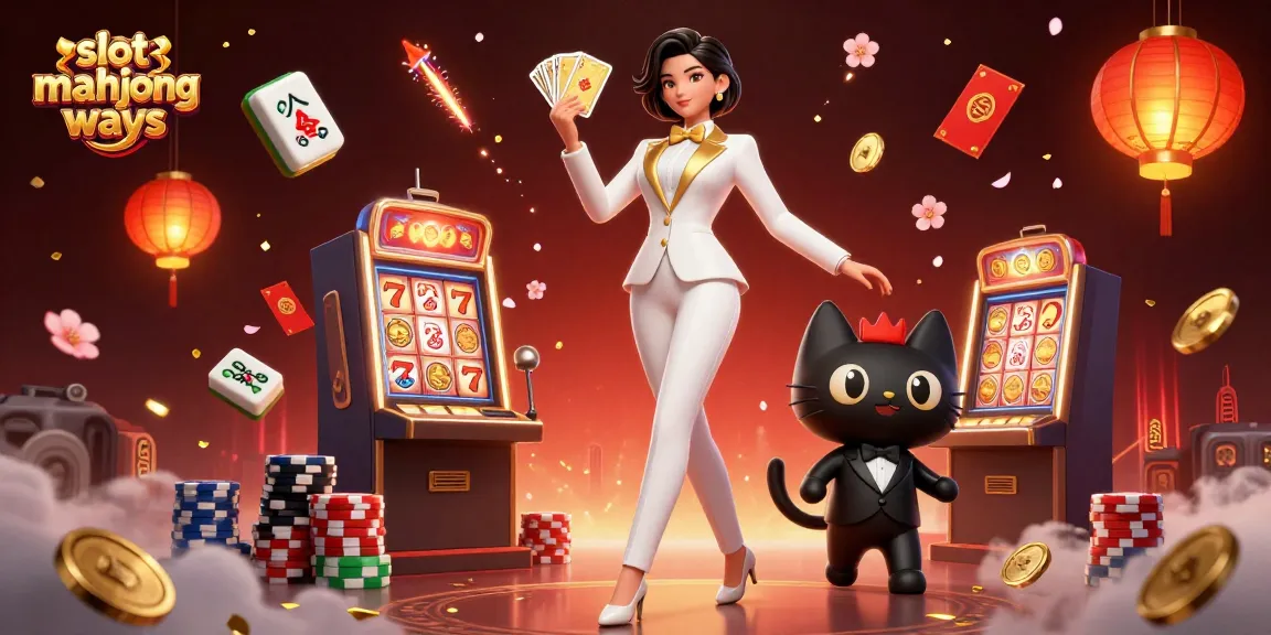 Experience the excitement of slot mahjong ways with a glamorous woman and playful cat amidst casino elements.