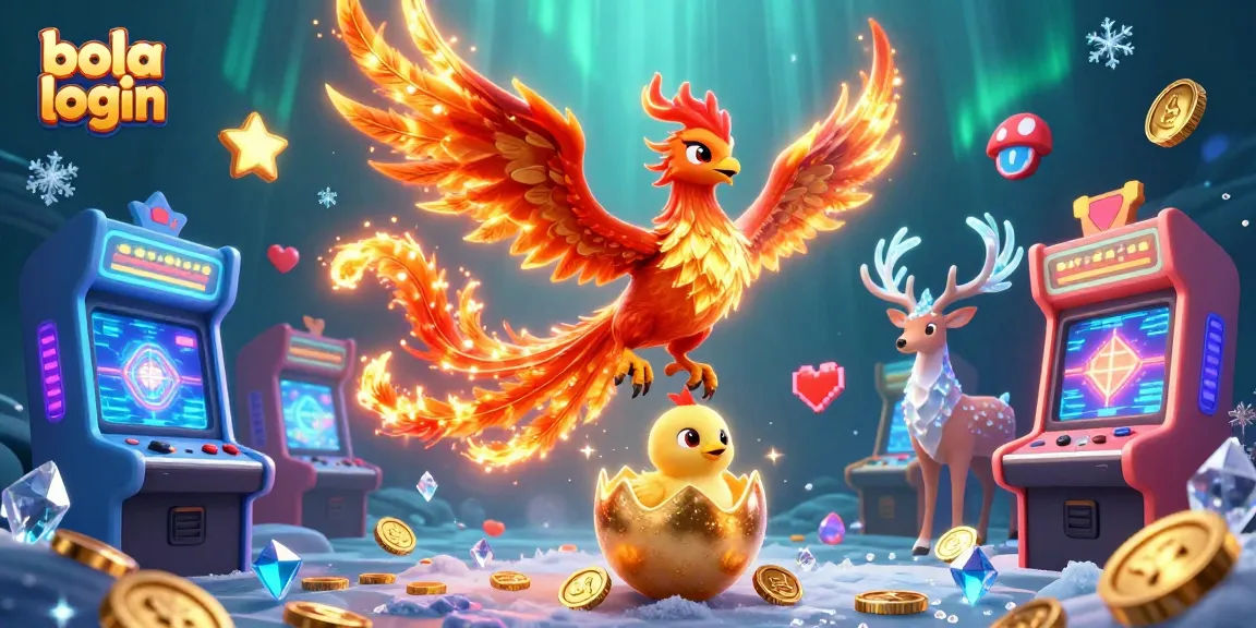 Experience the excitement of bola login with a dynamic 3D gambling scene featuring phoenixes and arcade games.