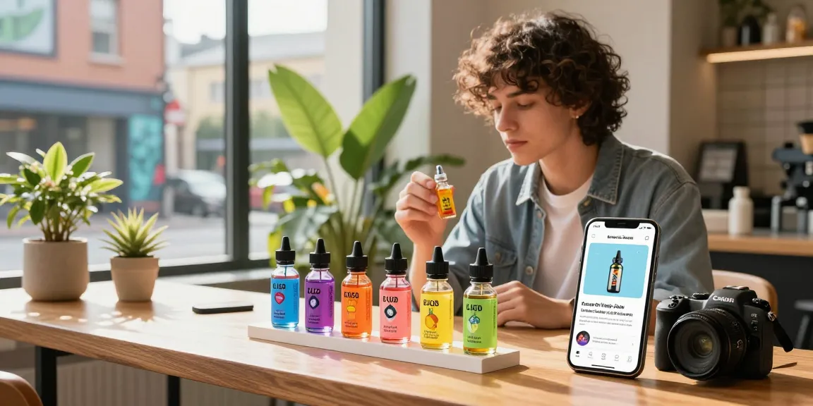 Explore unique B Plus Bizarro E-liquid Vape Juice flavors in vibrant urban setting during online shopping.