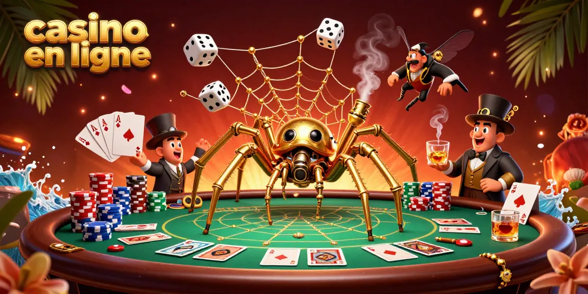 Jouez à casino en ligne avec un araignée dorée captivant des dés chanceux et des jetons colorés.