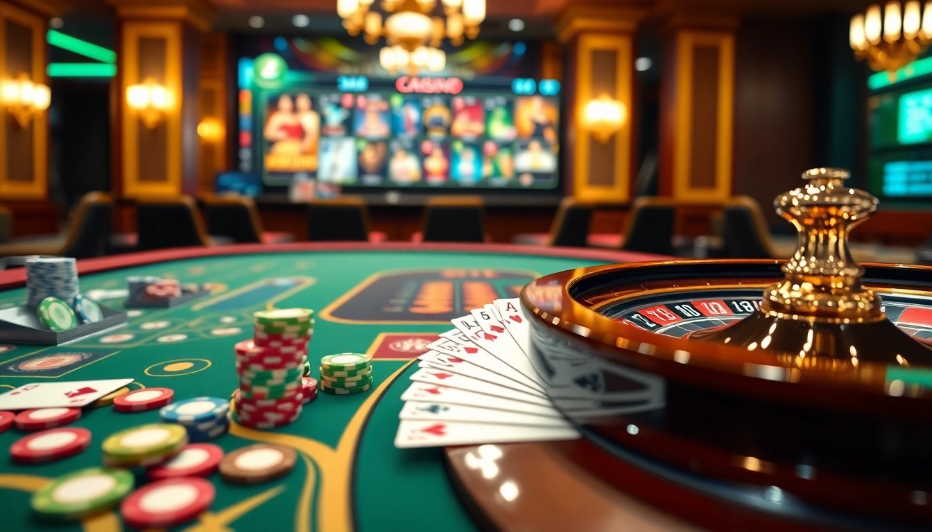 Participez aux frissons du casino en ligne Français 2026 à une table de jeux en ligne luxueuse avec des jetons et des cartes vibrantes.