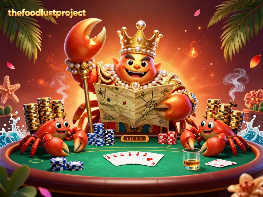 Gambaran 3D tentang thefoodlustproject dengan kepiting emas besar berkuasa, tumpukan chip, dan elemen poker