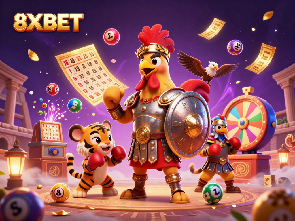 Experience the excitement of gambling with 8XBET amidst colorful lottery balls, dynamic prizes, and engaging casino elements.